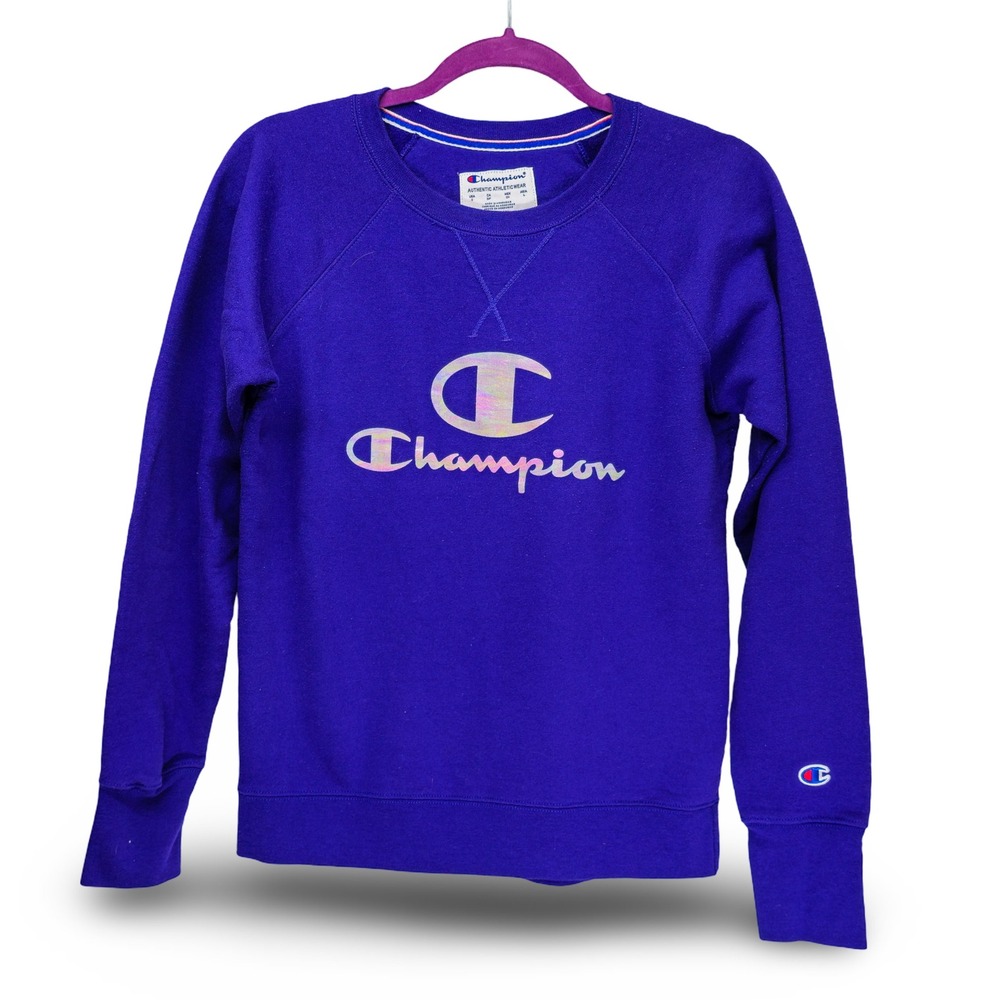 Champion Sweatshirt Womens Small Purple‎ Iridescent Foil Logo Pullover Excellent